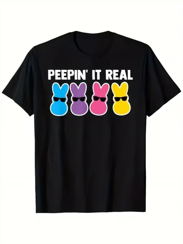 Peepin' It Real Funny Marshmallow Bunny Graphic T-Shirt Easter Candy Theme Casual Short Sleeve Crewneck Trendy Graphic Tee Shirt