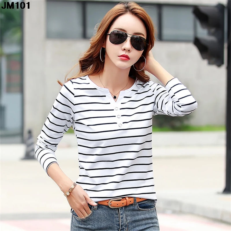 

New Women Clothing T-shirt Cotton Long Sleeve Lady V-neck T Shirt Striped Spring Autumn Female Blusa White Fashion Top Tee Shirt