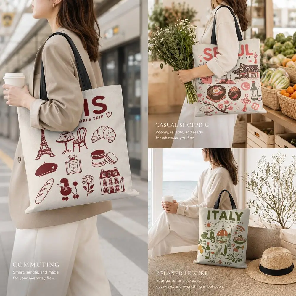 World City Travel Storage Bags Canvas Tote Bag Large Capacity Reusable For Shopping Commute Grocery Shoulder Bag Gift
