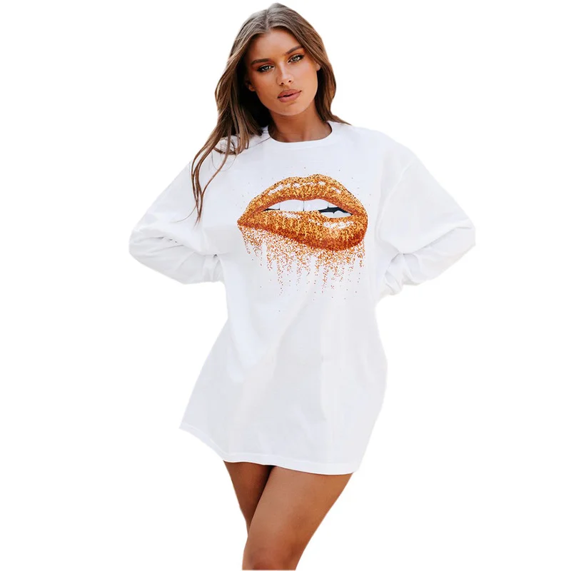 New Autumn and Winter Christmas Lip Pattern Round Neck Long Sleeve Harajuku Print Loose Casual Women's Long T-shirt Sweater