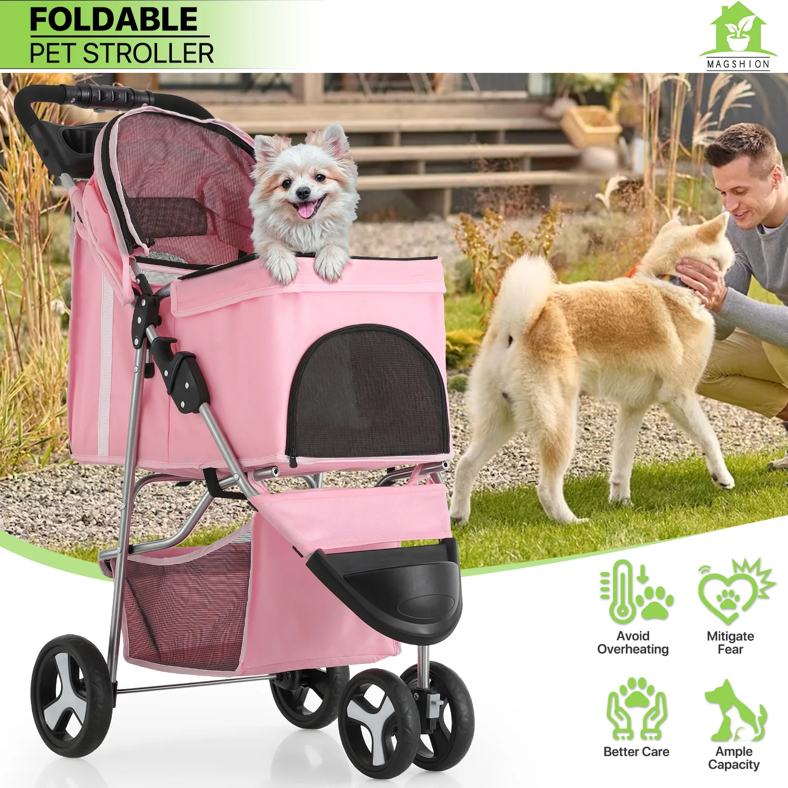 

Pink Foldable Dog Stroller for Small Medium Pets Travel Cage Carrier Cart with Sunshade Lightweight Pet Push Cart for Dogs