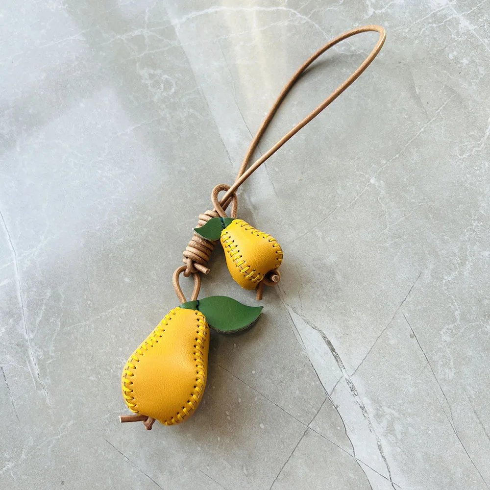 TOPHIGH Newly Genuine Leather Hand-Sewn Bag Charms Pear /Apple/ Peanut Shape Car Hanging Pendant Original Design Backpack Tassel