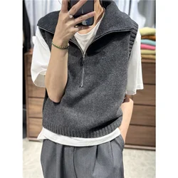 Autumn Winter Solid Simple Chic Zipper Sweater Vest Lady Lapel Casual All-match Knitted Pullover Women's Solid Sleeveless Top