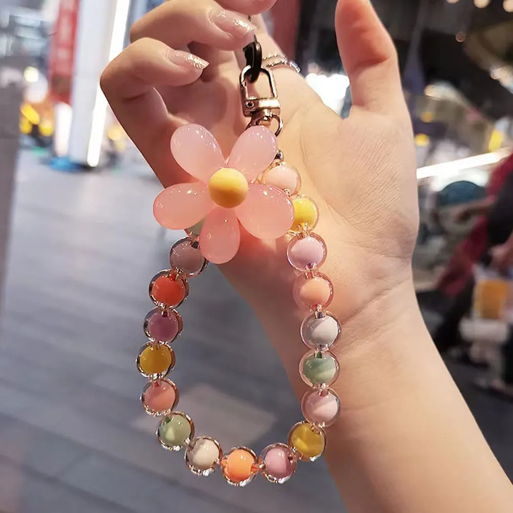 Macaron-Colored Beaded Phone Lanyard, Japanese and Korean Ins-Style Handmade Beaded Flower Phone Chain Wrist Strap
