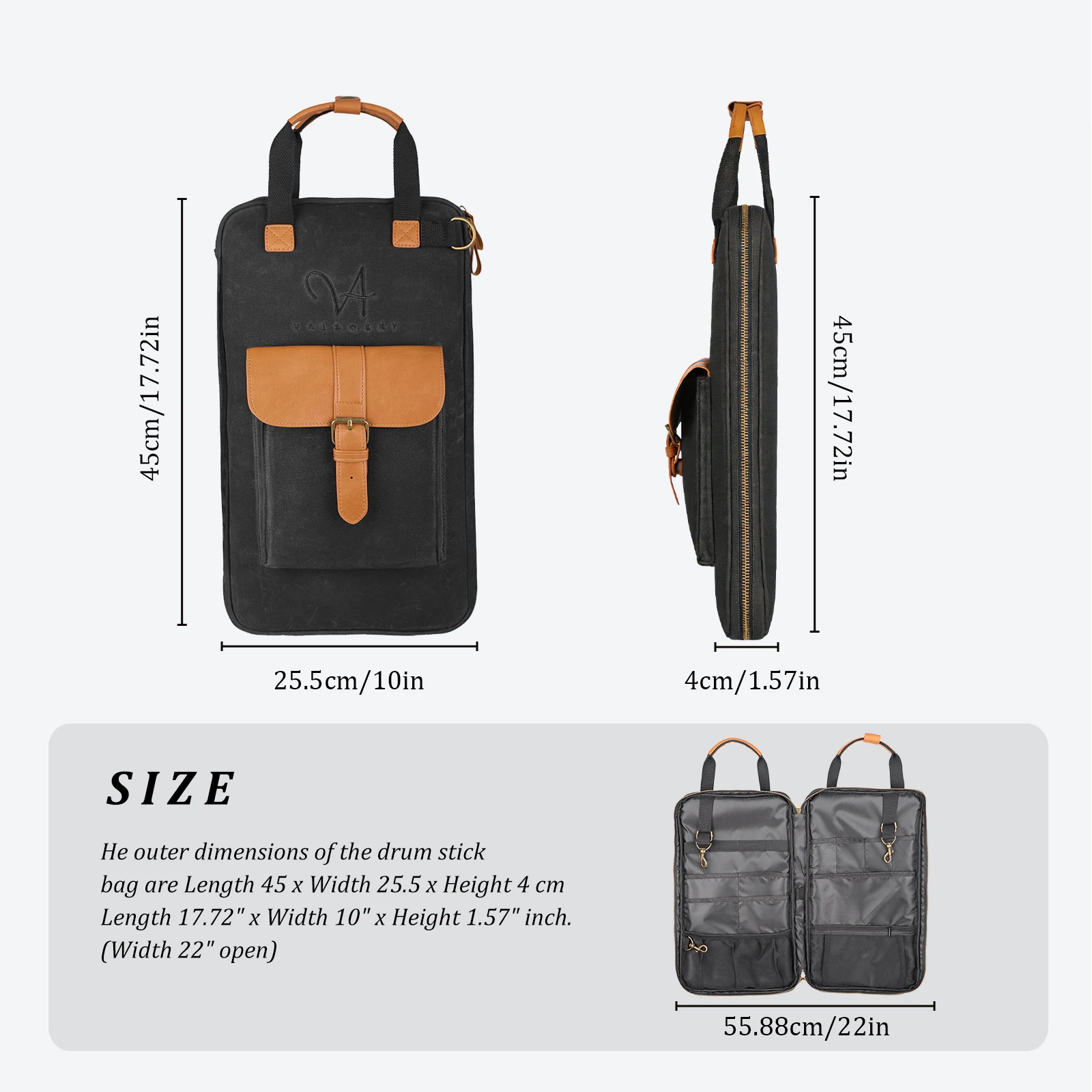 Vaisoeny Black Waxed Canvas Drum Stick Bag - Handle/Detachable Strap, Percussion Case for Drummers Beginners (GBB-HS)