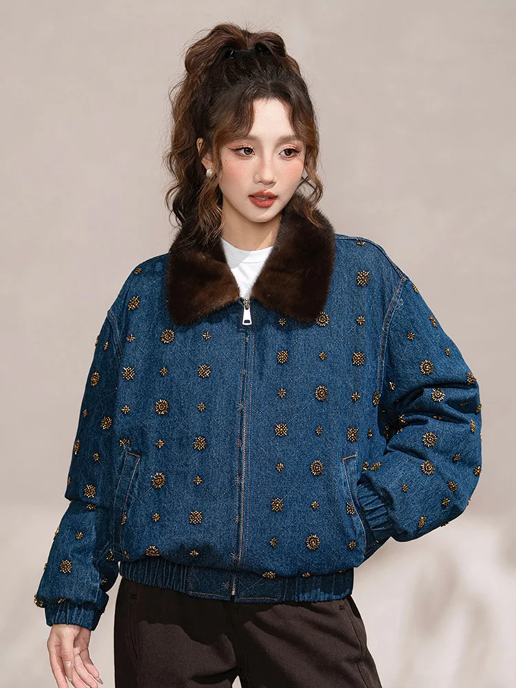 เสื้อแจ็คเก็ตยีนส์บุขนเป็ดสำหรับผู้หญิง ฤดูใบไม้ร่วง-ฤดูหนาว ปี 2025  พร้อมปกขนมิงค์แท้ สไตล์ลำลอง