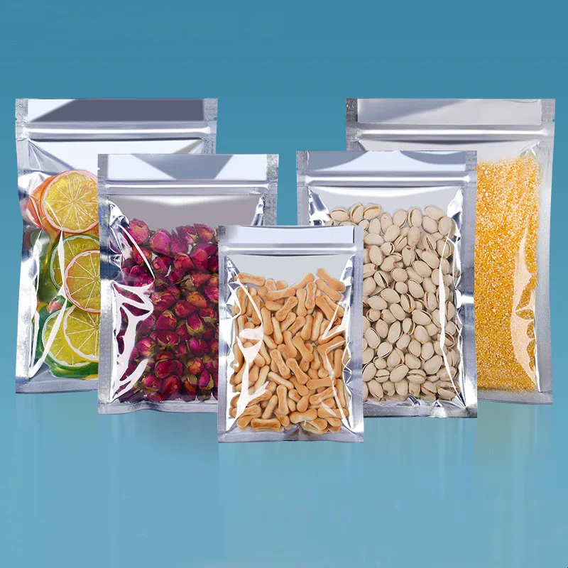 2000Pcs/Lot Transparent Silver Aluminum Foil Bag Zipper Storage Bag Nut Coffee Tea Candy Food Silver Metal Plastic Packaging Bag