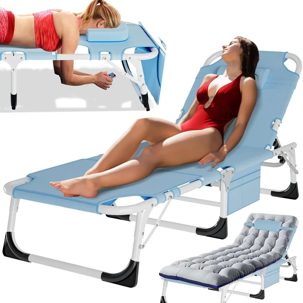 

Oversized Beach Lounge Chair, 5-Position Adjustable Tanning Chair with Face Hole, Heavy Duty Folding Chaise Lounge, Customized
