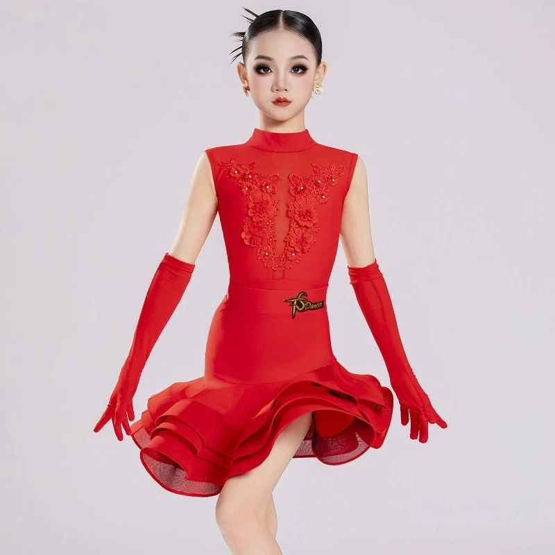 

Детское платье для латиноамериканских танцев, высококачественное вышитое платье для выступлений, без рукавов, с оборками по низу, костюм для бальных танцев для девочек