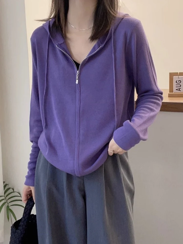 

Casual Woolen Knitted Hat Sweater Long Sve Commute Anti-Aging All-Match Zipper Top Early Autumn Pure Color Leisure Simple