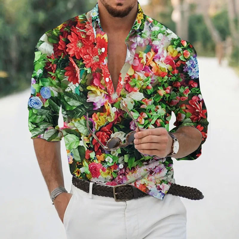 Herren lässig Hawaii Langarm Blumen hemd übergroße soziale Vintage Luxus Urlaub Freizeit Muster Mode glatte Kleidung