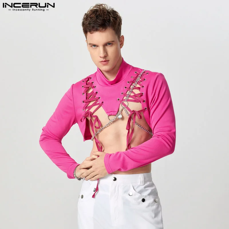 INCERUN Tops 2025 American Style Sexy Fashion Men Cropped Drawstring Strap T-shirt Clubwear Half High Neck Long Sleeved Camiseta