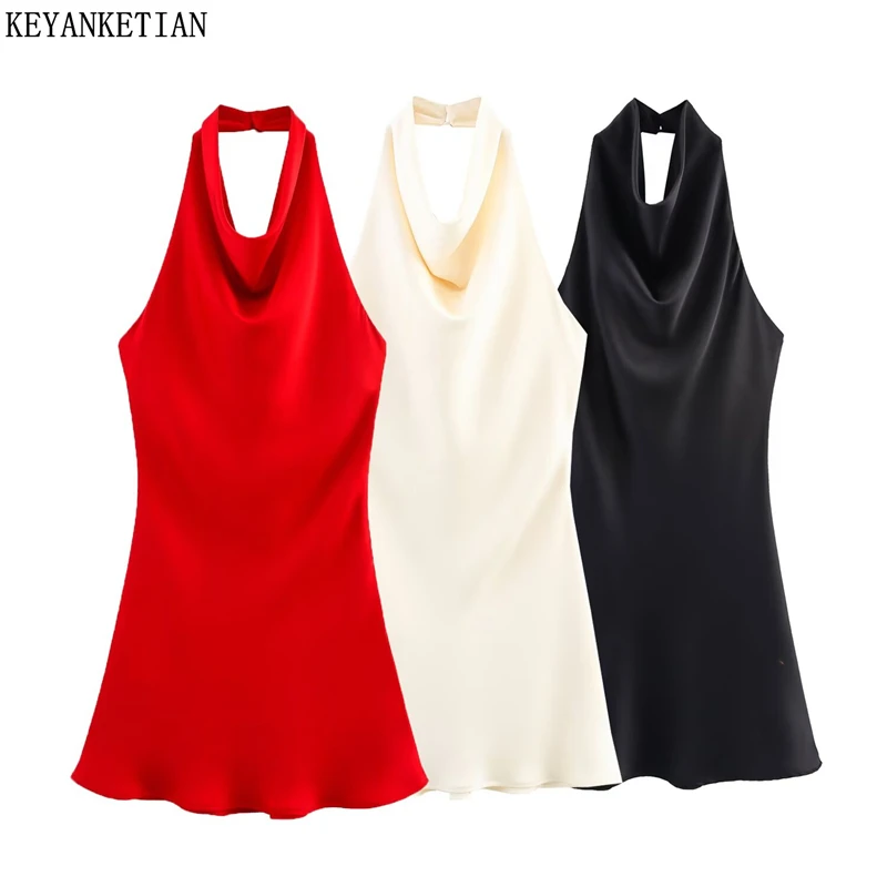 KEYANKETIAN 2025 été nouveau col oscillant pour femmes licou Mini robe mode Sexy dos nu mince sans manches robes en Satin