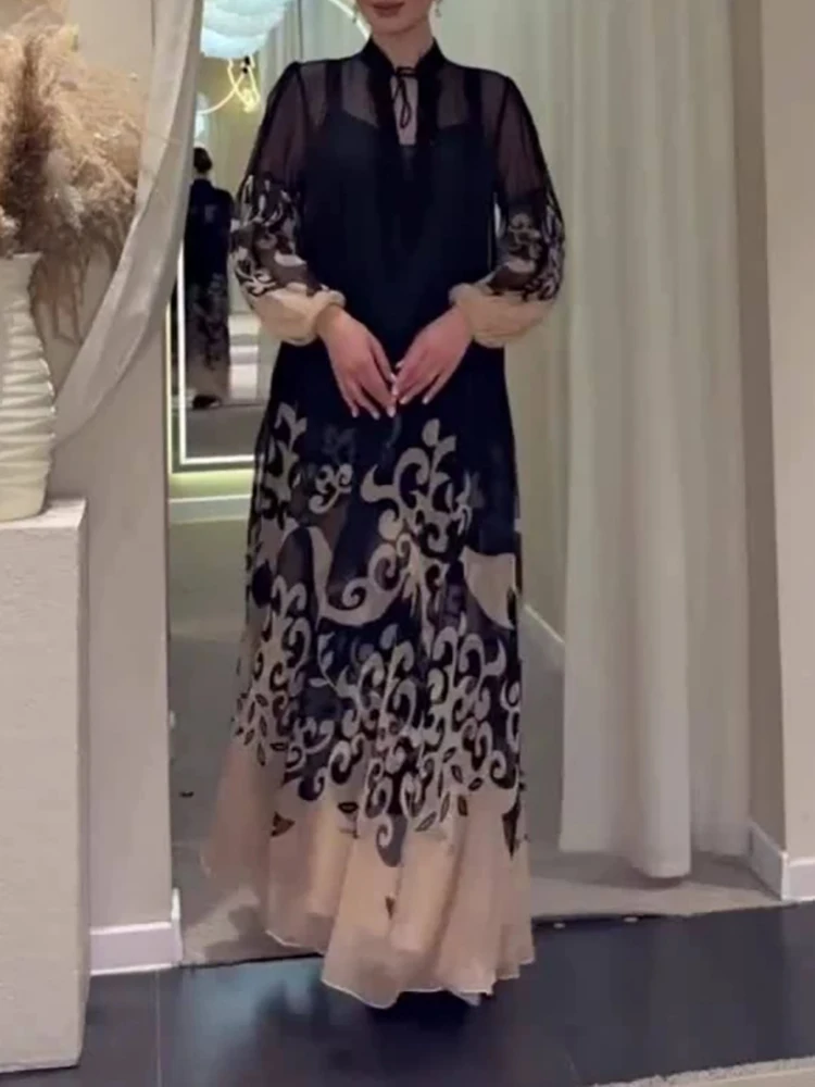 New 2026 Autumn Chiffon Swing Vintage Dress Fashion O Neck Long Sleeved Party Dress Black Pattern Printed Loose Commuting Dress