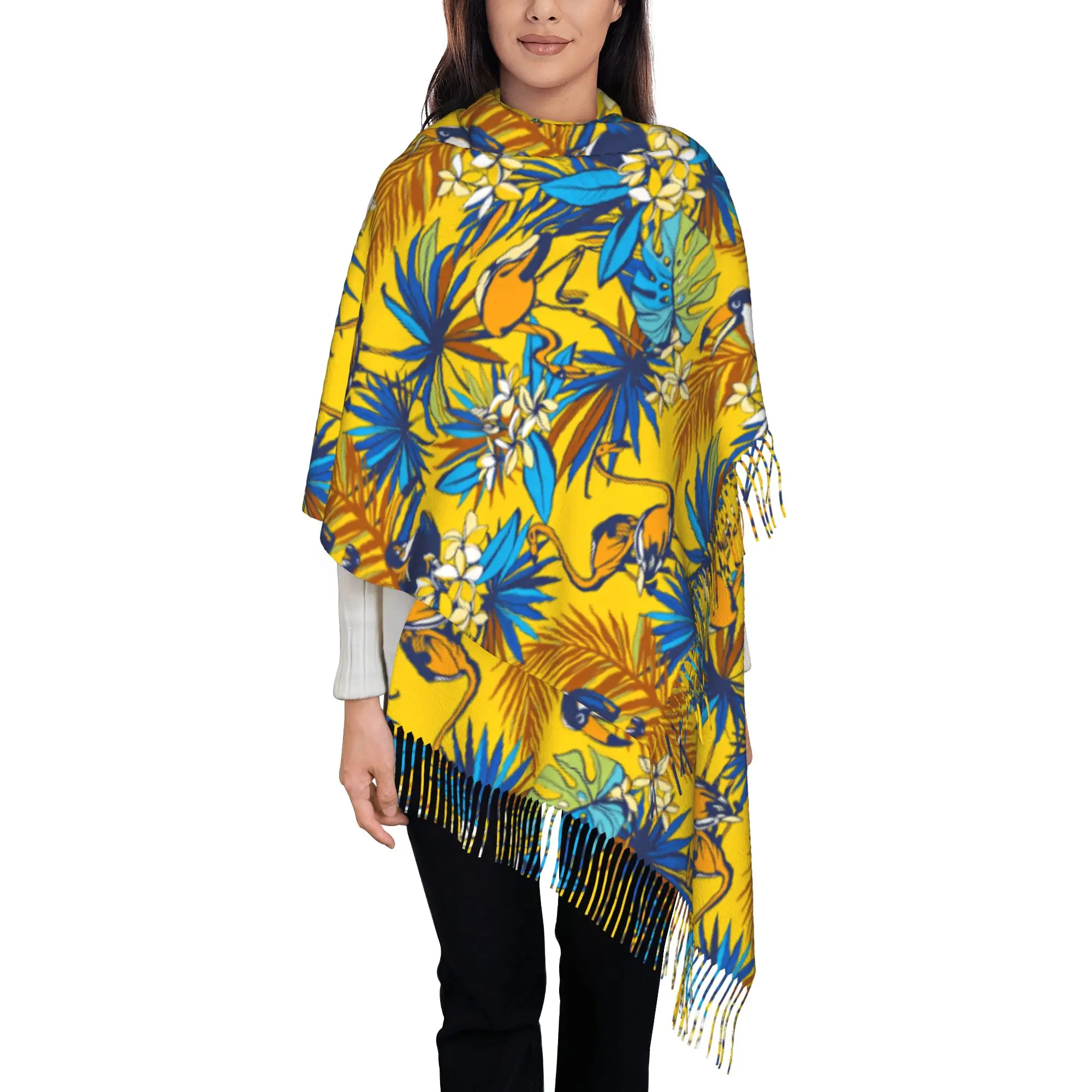 Custom Ladies Long Flamingo Toucan Floral Bright Yellow  Scarves Women Winter Soft Warm Tassel Shawl Wrap  Scarf