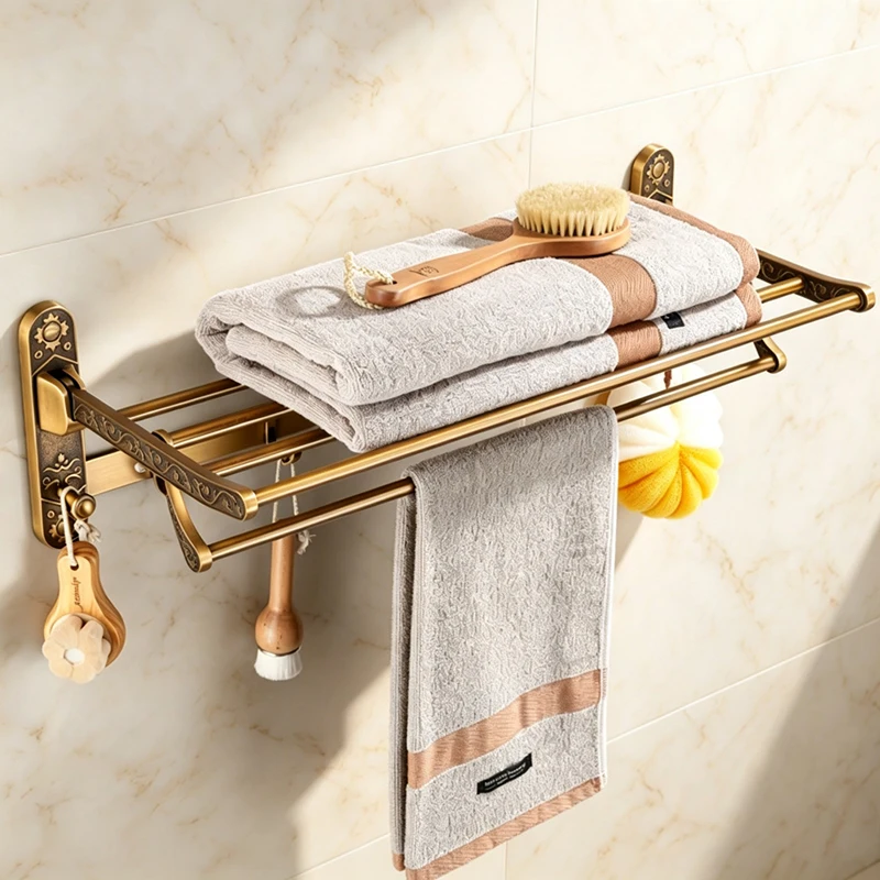 Foldable Antique Brass Towel Rack, Double Shelf Bathroom Holder with Hooks, Space Saving Bath Accessories for Wall Mounting