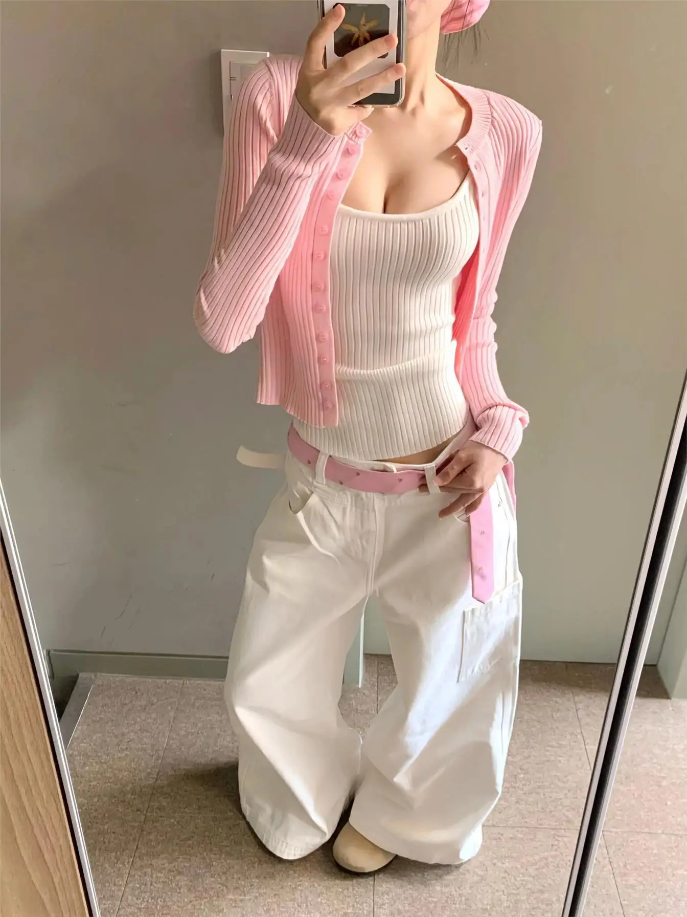 

Korean Sle Sweet And Spicy Girl Slim Fit Knitted Tank Top Cardigan Two Piece Set Women's Early Autumn Faion Ci Walk