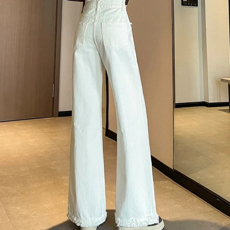 Designer Style Women's White Fringed Patchwork Wide Leg Jeans Loose Fit Slimming Drapey Floor Floor-Length Pants for Petites