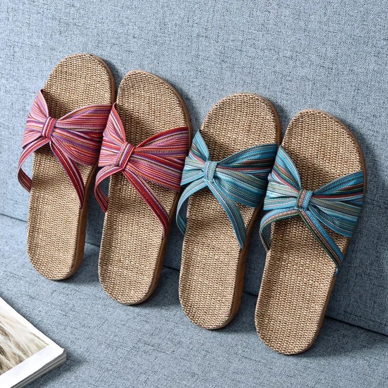 Mntrerm Slippers Female Summer 2023 New Linen Indoor Home Floor Non-Slip Home Home Cute Lady Sandals And Slippers Hemp