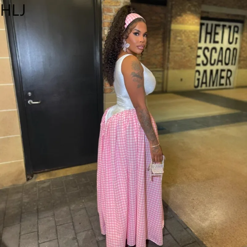 HLJ Fashion Plaid Patchwork Bodycon Long Dress for Woman Solid Color Sleeveless Tank Maxi Dress Female Streetwear Vestidos New
