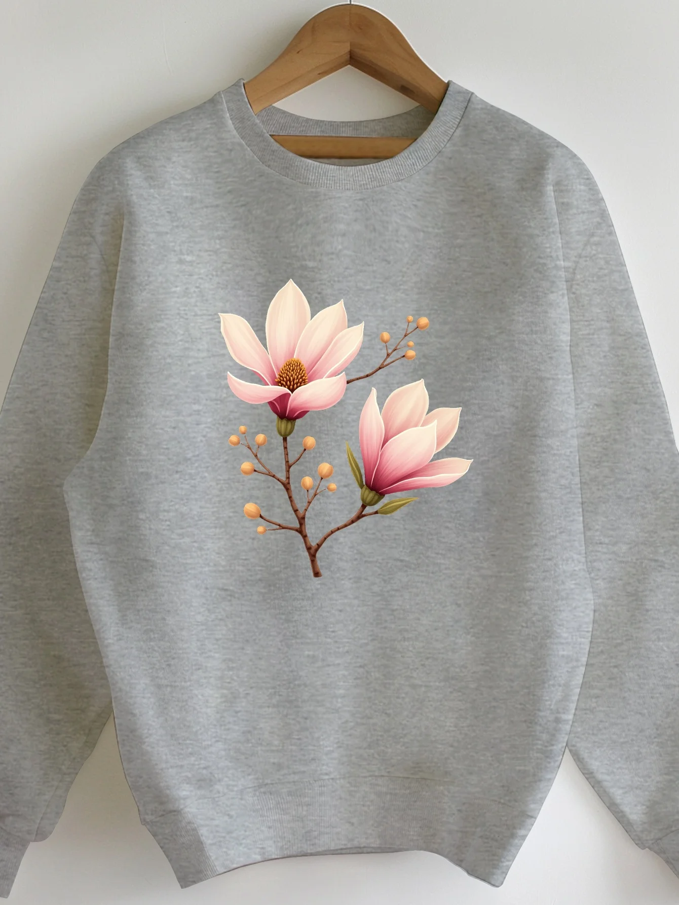 

Women's Casual Crew Neck Sweatshirt with Pink & White Magnolia Flower Graphic Print, Soft Grey Geometric Pattern, Cozy Winter