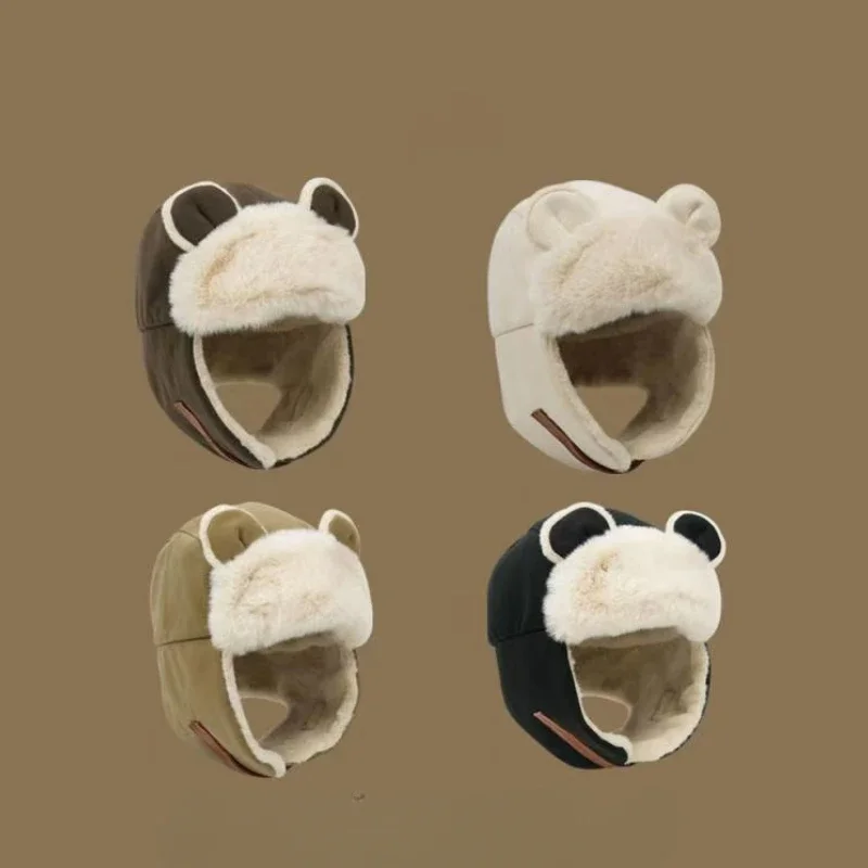 Зимняя защитная шапка с милым медведем, чепчики в японском стиле, утолщенная теплая велосипедная шапка для альпинизма, лыжная шапка для пары