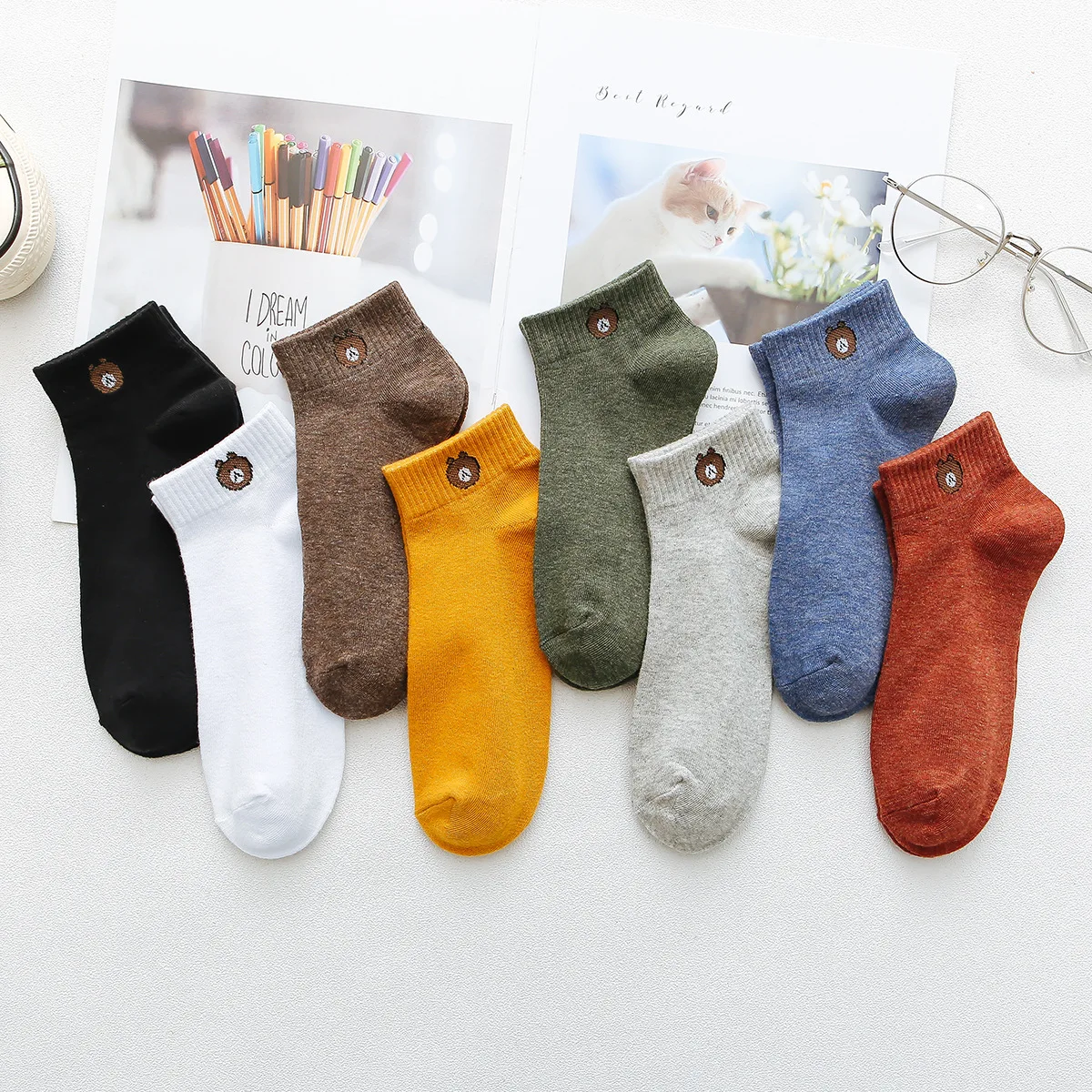 10 Pairs Women Low Tube Socks Set Cute Bear Pattern Fashion Breathable For Female Casual Style Comfortable Socks