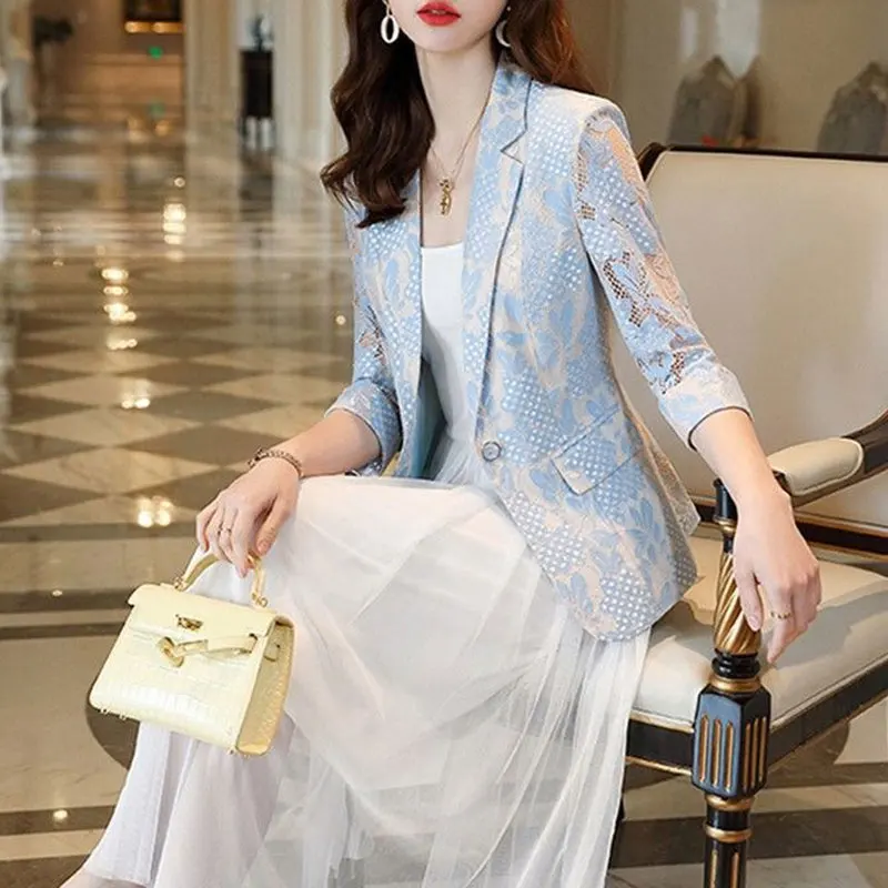 Office Lady Slim Single Button Suits Floral Lace Elegant Hollow Out Spring Summer New 3/4 Sleeve Fashion Tailored Collar Blazers