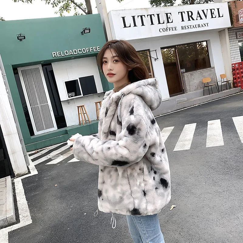 2023 Winter Female New Loose Hooded Fur Lamb Coat Women Thickened Imitation Rex Rabbit Hair Tie Dyed Student Zipper Cotton Coat