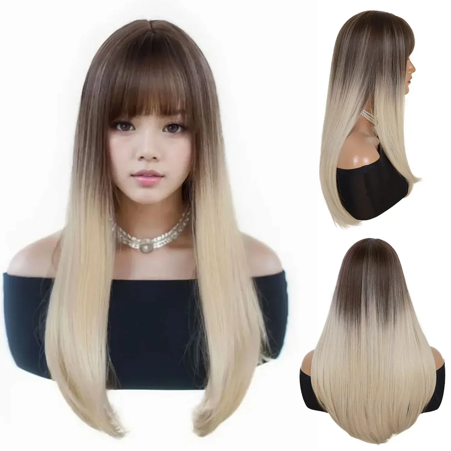 Wig rambut panjang sintetis untuk wanita Wig pirang Ombre coklat lurus dengan gaya rambut alami poni kostum Wig panjang pirang