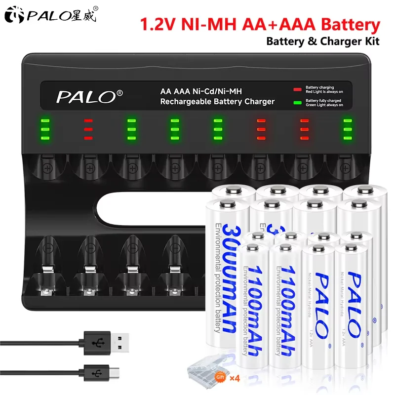 1.2V AA AAA NIMH Rechargeable Battery Batteries 2A 3A + 8 Slots USB-C Fast Battery Charger With Cable for Flashlight Toys Remote