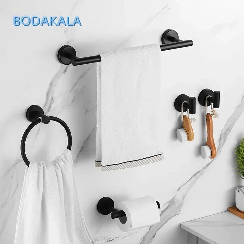 Juego de accesorios de baño de montaje en pared, color negro mate, barra de toalla de acero inoxidable, anillo de toalla, soporte de papel, gancho,