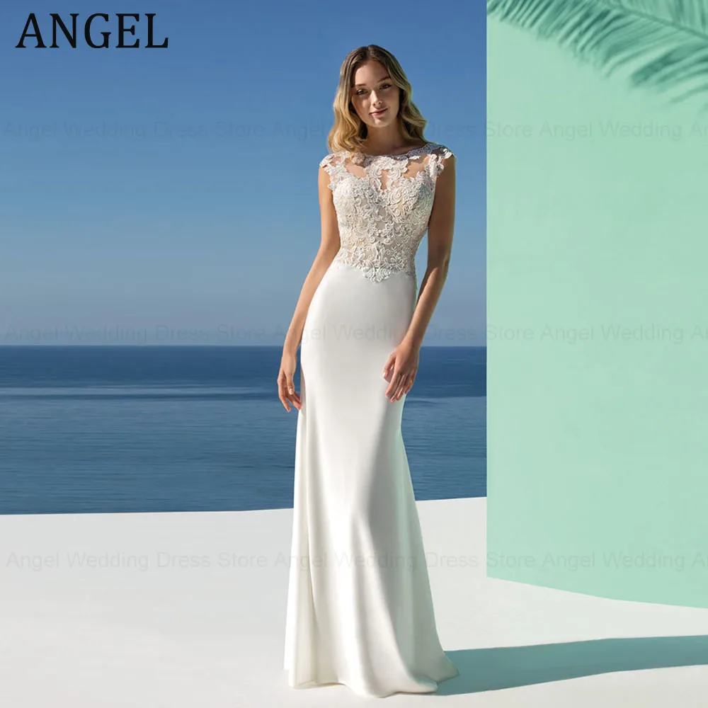 

ANGEL Elegant Mermaid Wedding Dresses Soft Satin Backless Cap Sleeve vestido de novia 2024 Scoop Gorgeous Lace Bridal Party