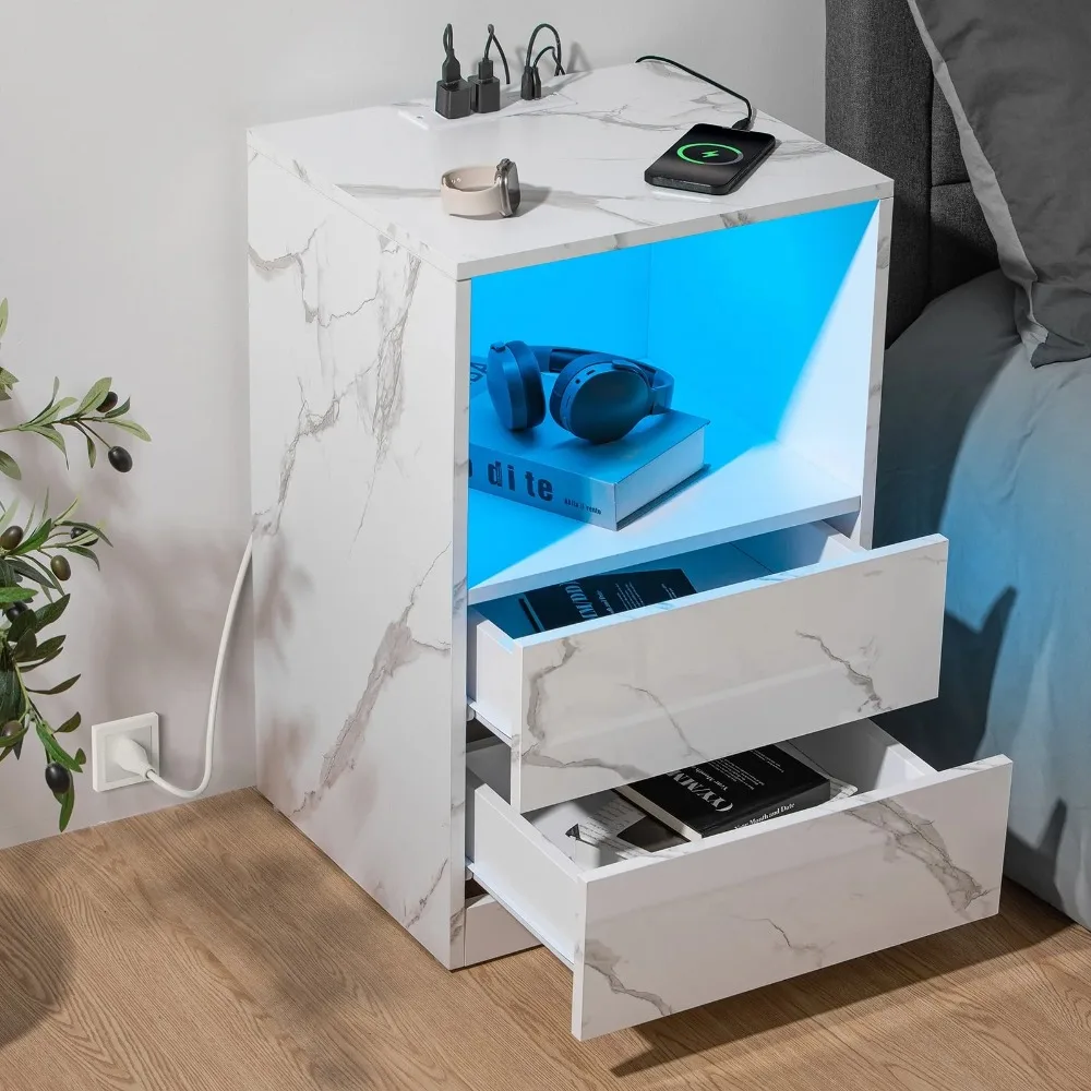 

2 Drawer Nightstands with Charging Station Modern Open Shelf Nightstands LED End Table Nightstands Charging