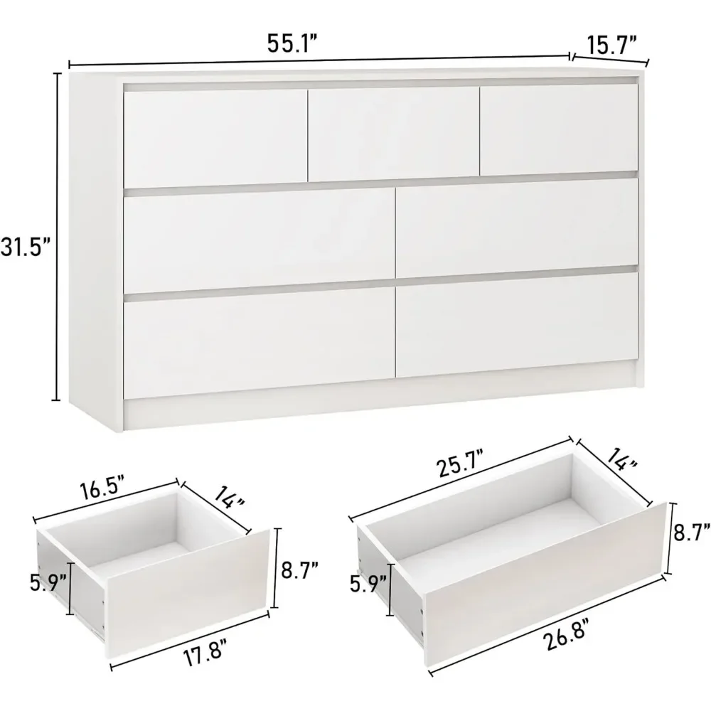 طاولة زينة بيضاء في غرفة النوم، طاولة تزيين بطول 55 بوصة، طاولة زينة عالية اللمعان مع 7 أدراج، خزانة بأدراج خشبية