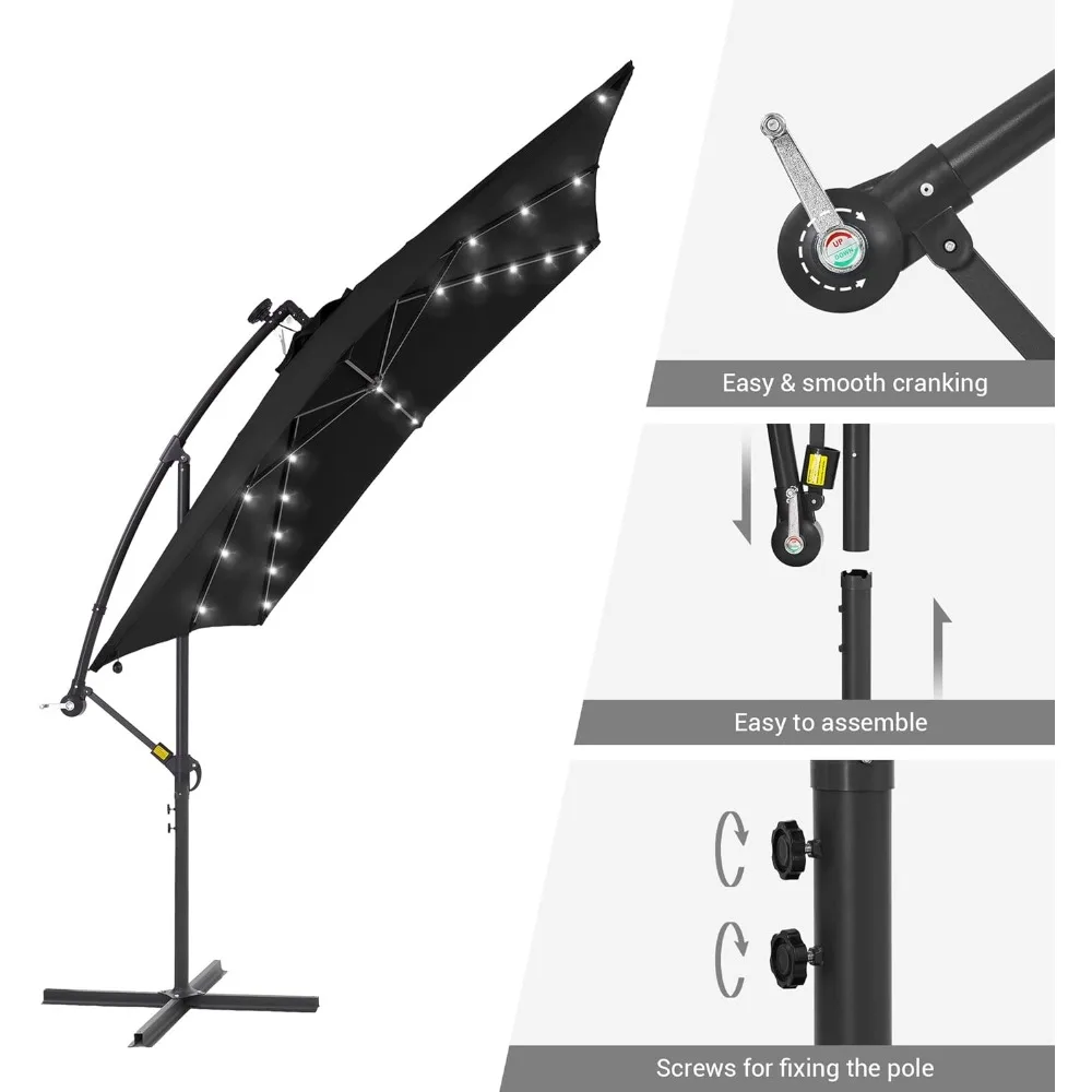 مظلة فناء بإزاحة LED تعمل بالطاقة الشمسية بطول 8.2 × 8.2 قدم، مظلة ناتئة مضاءة 32 مصباحًا مع مظلات معلقة بقاعدة إمالة ومتقاطعة للحديقة #6