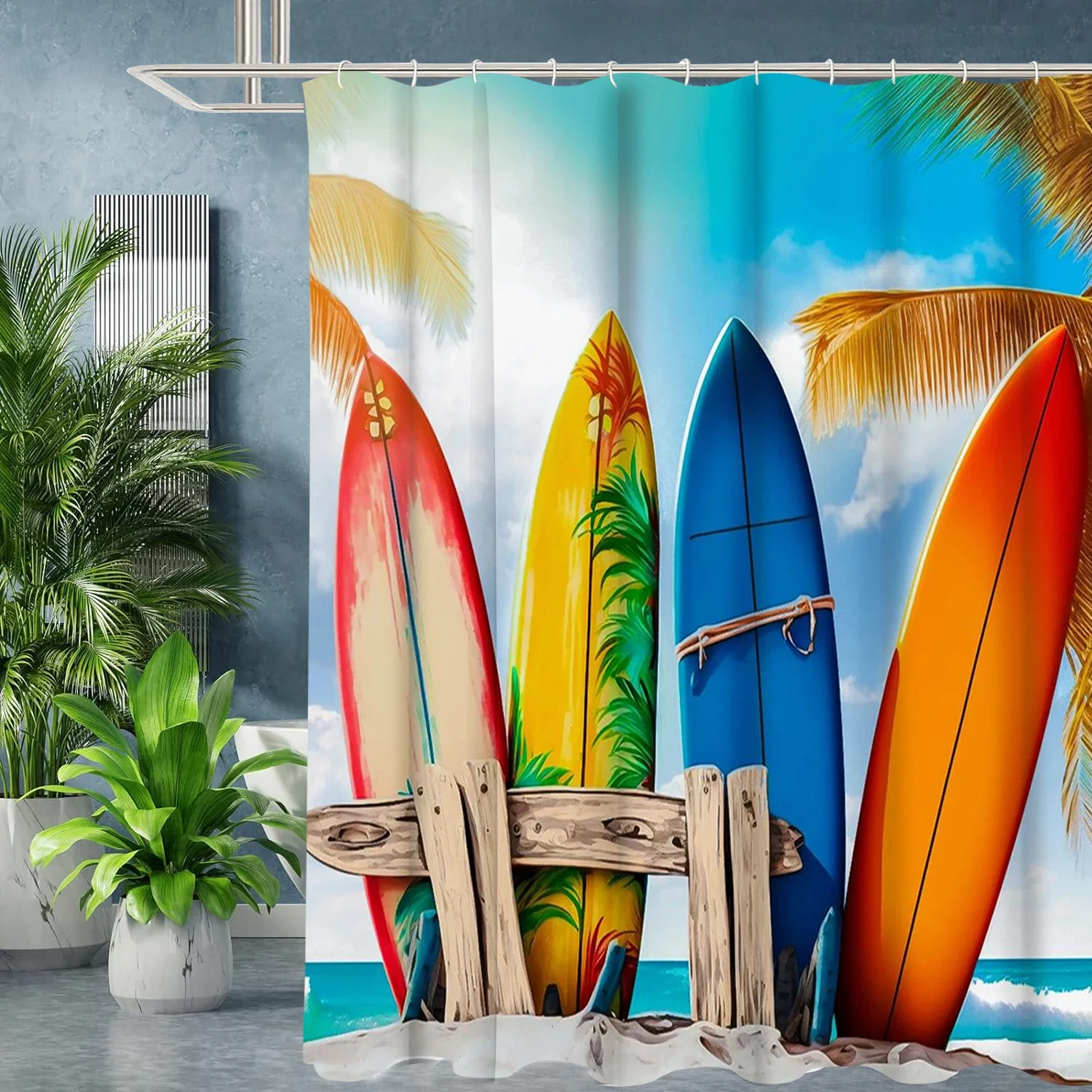 

Tropical Surfboards Shower Curtain with Vibrant Colors and Palm Trees for Beach Themed Bathroom Decor Waterproof Fabric