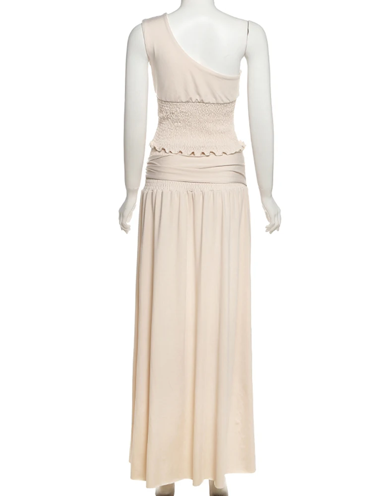 แปลก Puss Ruched Elegant 2 ชิ้นชุดผู้หญิง Skew COLLAR Backless Crop Tops + หัวเข็มขัดโลหะตกแต่งกระโปรงการจับคู่ Solid ชุด