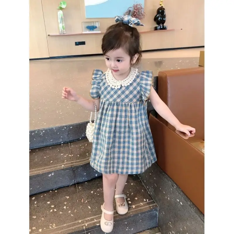 Girls Dress Summer New Fashionable Fashionable Female Baby Korean Lace Plaid Dress Sleeveless Children\'s Princess Dresses