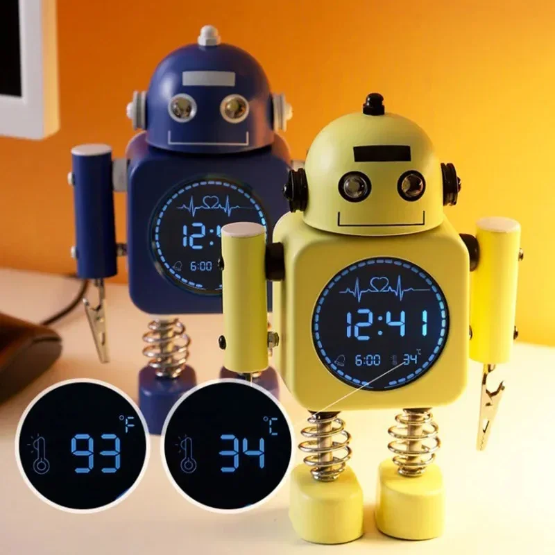 Creative Robot Shaped Alarm Clock With Night Light & Temperature Display Silent Metal Table Clock For Kids Bedroom Bedhead,