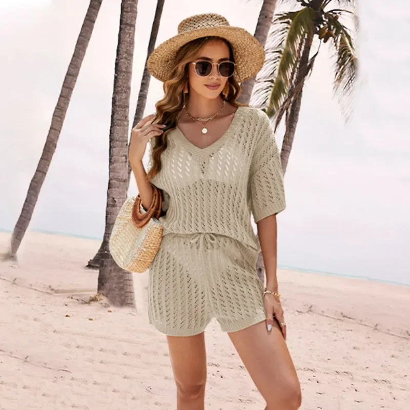 2024 Summer Hot Two Piece Solid Color Mesh Knitted Top High Waist Shorts Casual Women\'s Wear SFC25-3