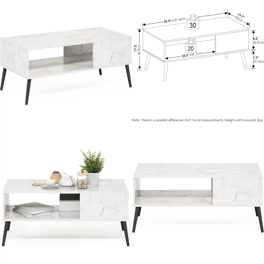 

White Marble Top Coffee Table with Wooden Legs