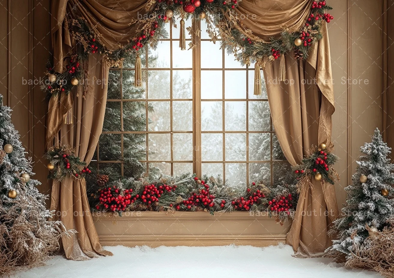 Mehofond عيد الميلاد نافذة الستار خلفية التصوير الفوتوغرافي شجرة عيد الميلاد شرابة مشهد ثلجي التصوير خلفية الصورة استوديو الدعامة