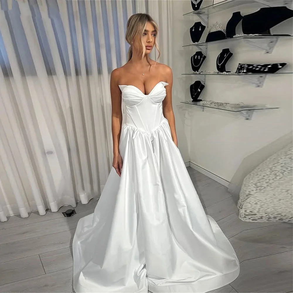 Customized Classical SweetheartWedding Dresses Long A Line Satin Bridal Gowns Vestidos Grande Taille Sleeveless Robes De Mariée