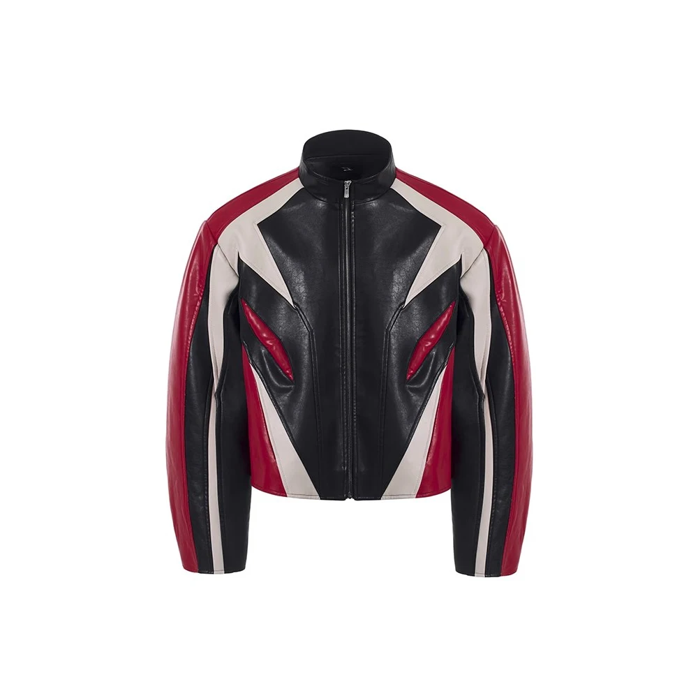Mauroicardi Spring Autumn Cool Short Color Block Pu Leather Racer Jacket Men Shoulder Pads Zip Up Luxury Designer Clothes 2025
