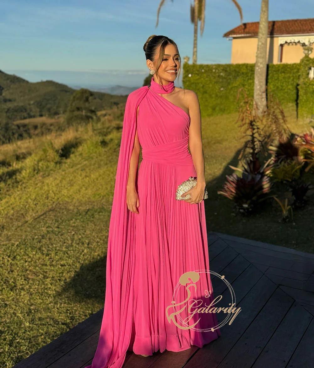 Galarity Hot Pink One Shoulder Pleated Evening Dresses Cape Luxury Chiffon Prom Dress Women's Formal Evening Gowns Customizd