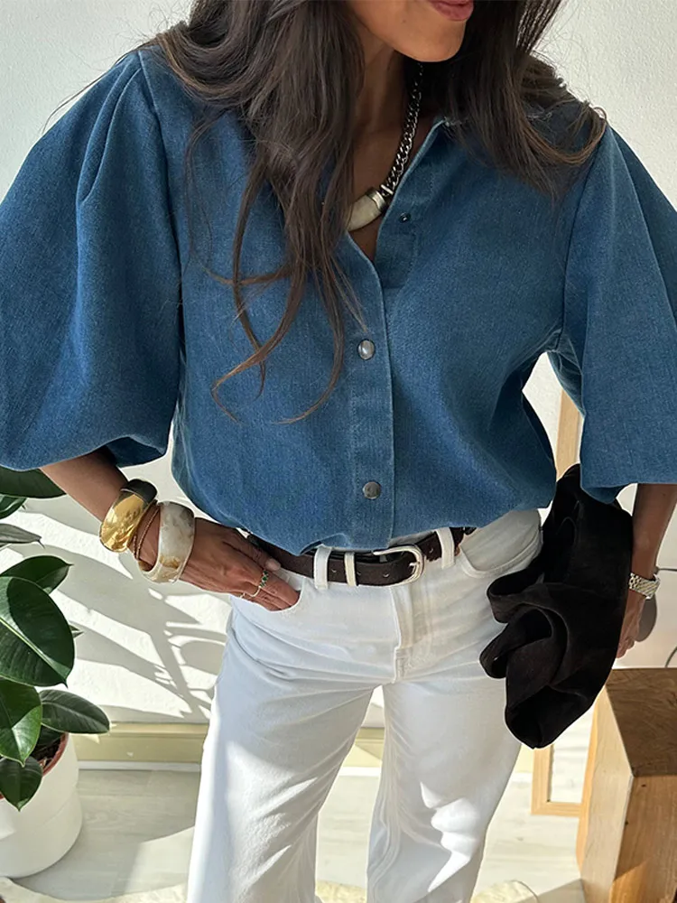 

Vintage Distressed Puff Sleeves Women Denim Tops Baggy Single Breasted Blue Jeans Shirts Washed Street Wear Casual Outwear Tops