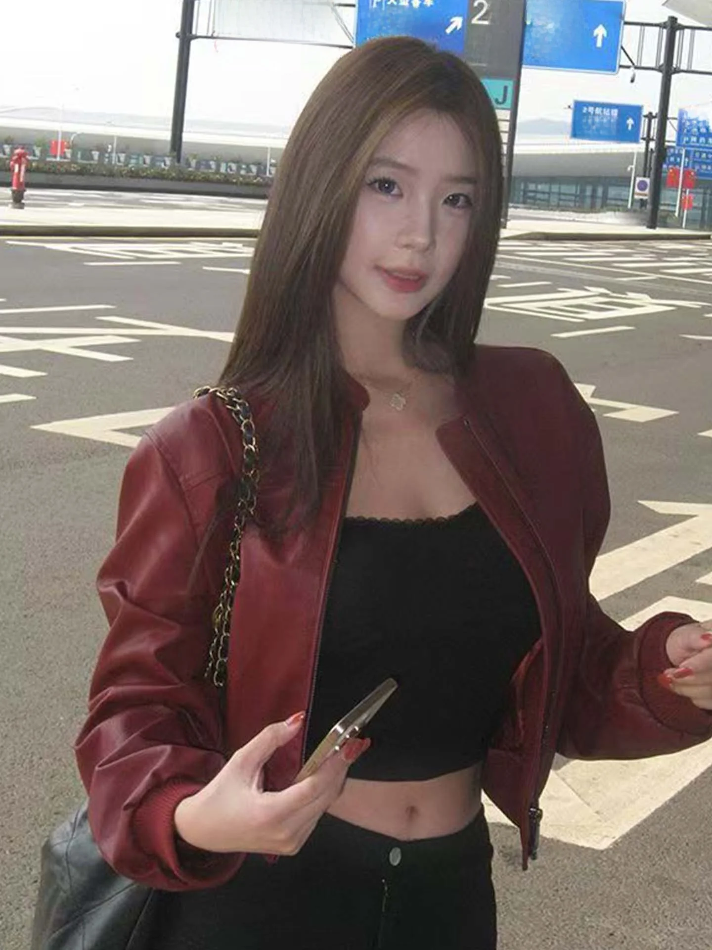 

Ankela Red Leather Jacket Women's American Style Short Motorcycle Jacket Spicy Girl Vintage Atmosphere Zipper Closure Casual Top