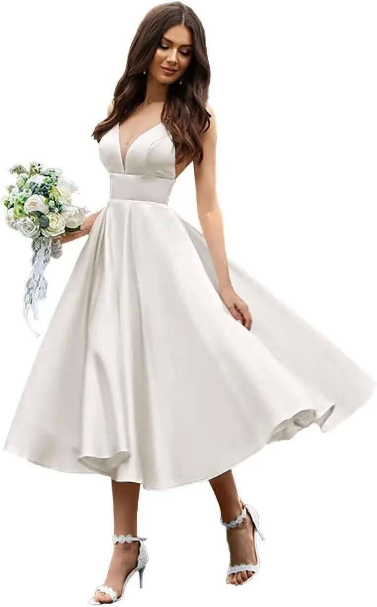 Weißes, schlichtes A-Linien-Midikleid für die Braut, Satin-Hochzeitskleid in Teelänge für den Standesamt