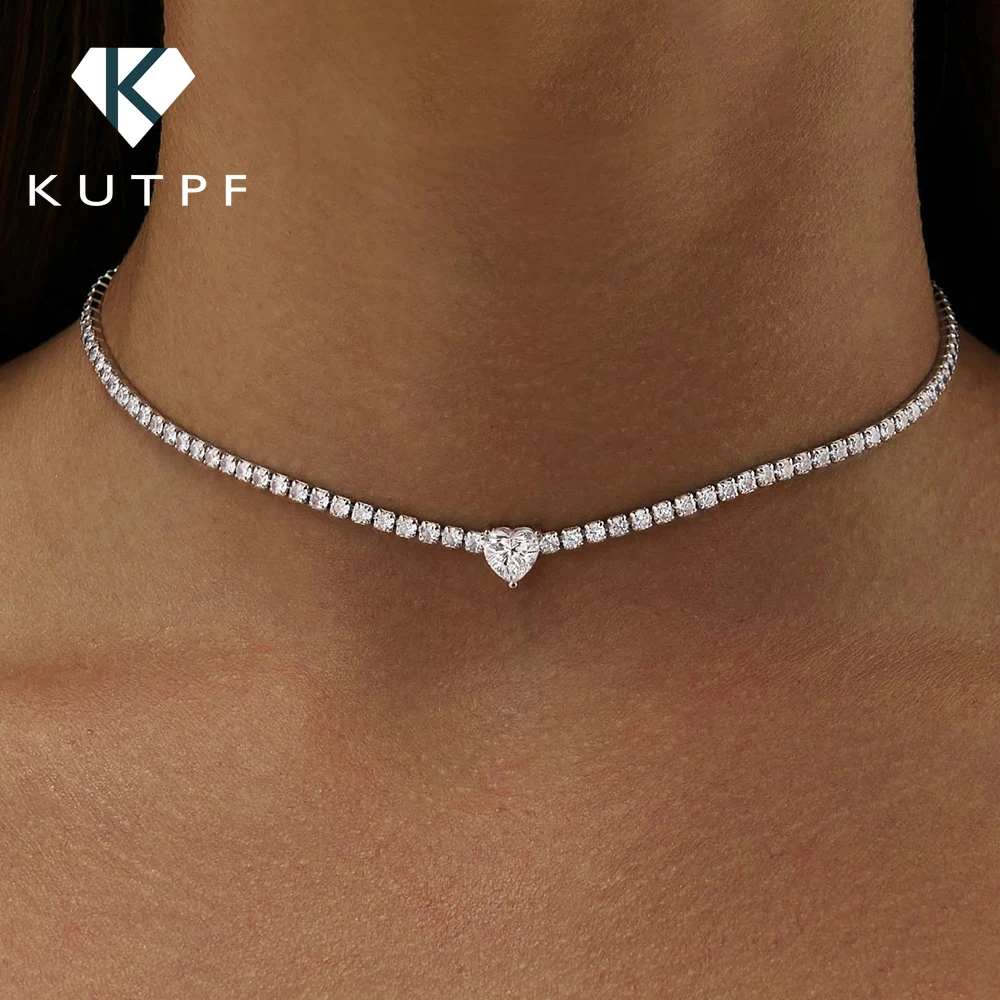 

S925 Silver Tennis Necklace with0.8Carat Heart Cut Moissanite Diamond Riviera Necklace Certified Adjustable Choker for Women